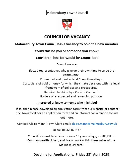 Vacancy for Malmesbury Town Councillor 